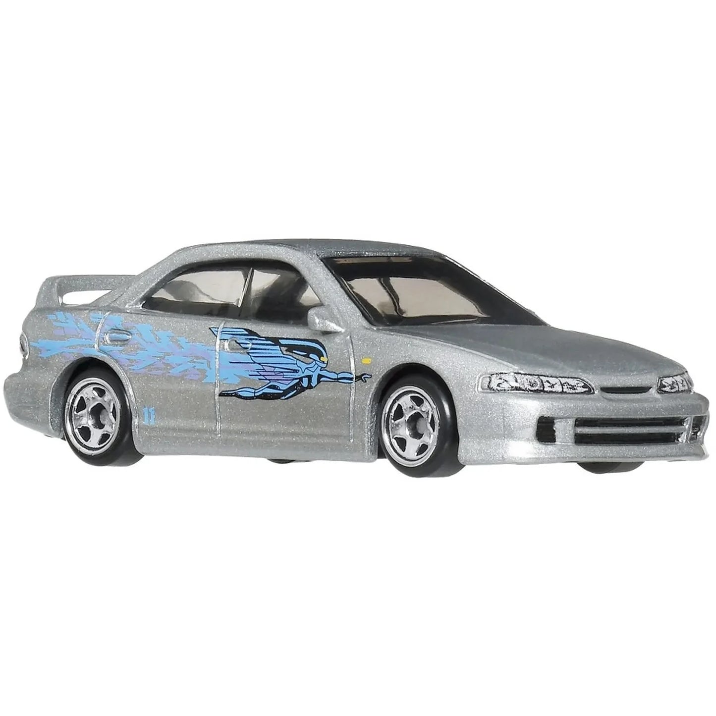 Hot Wheels Custom Acura Integra Sedan GSR (inspired by Mia Toretto) from The Fast and the Furious on Fast & Furious Graphic Remix Silver Series card, marked 5/5, blue 4-door Integra.