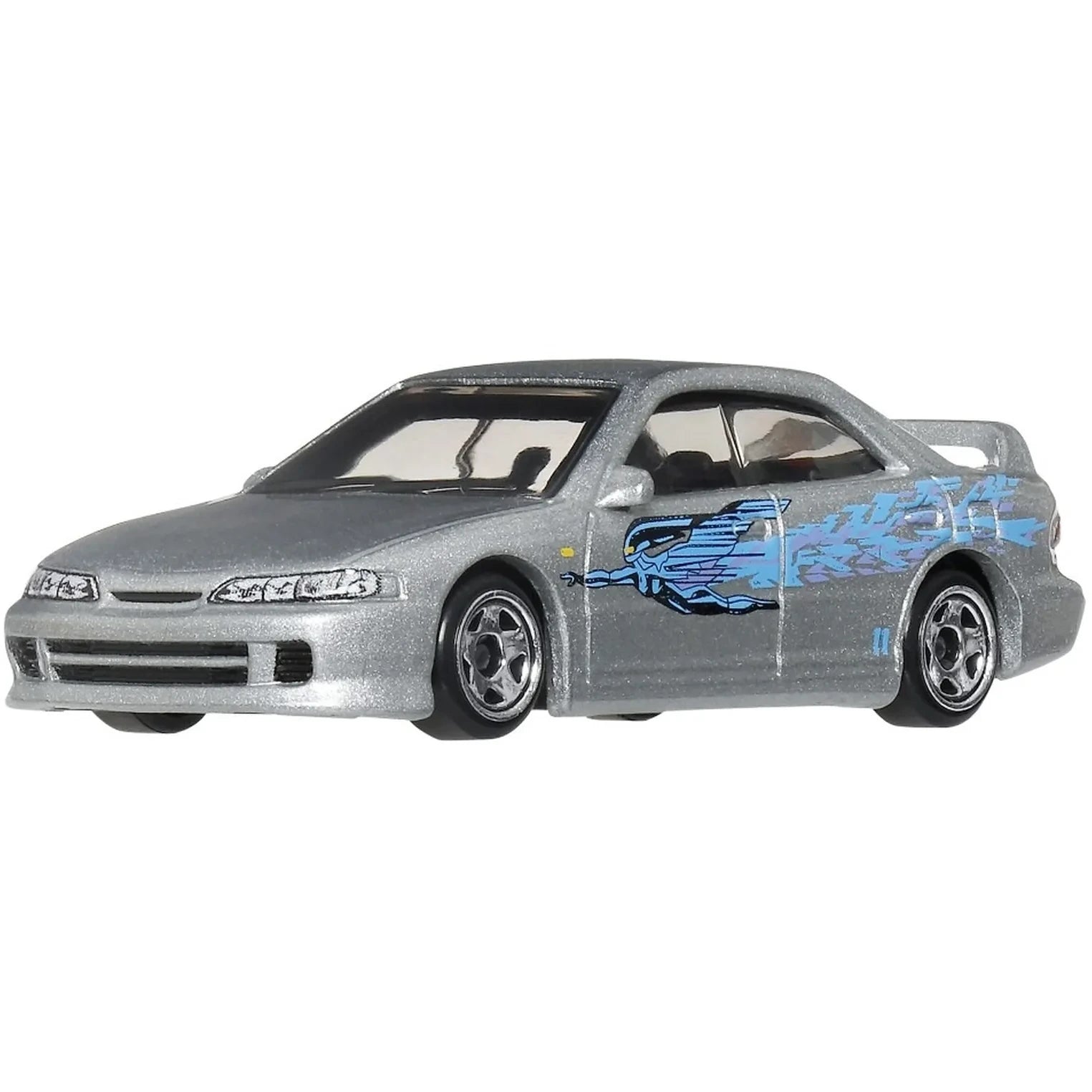 Hot Wheels Custom Acura Integra Sedan GSR (inspired by Mia Toretto) from The Fast and the Furious on Fast & Furious Graphic Remix Silver Series card, marked 5/5, blue 4-door Integra.