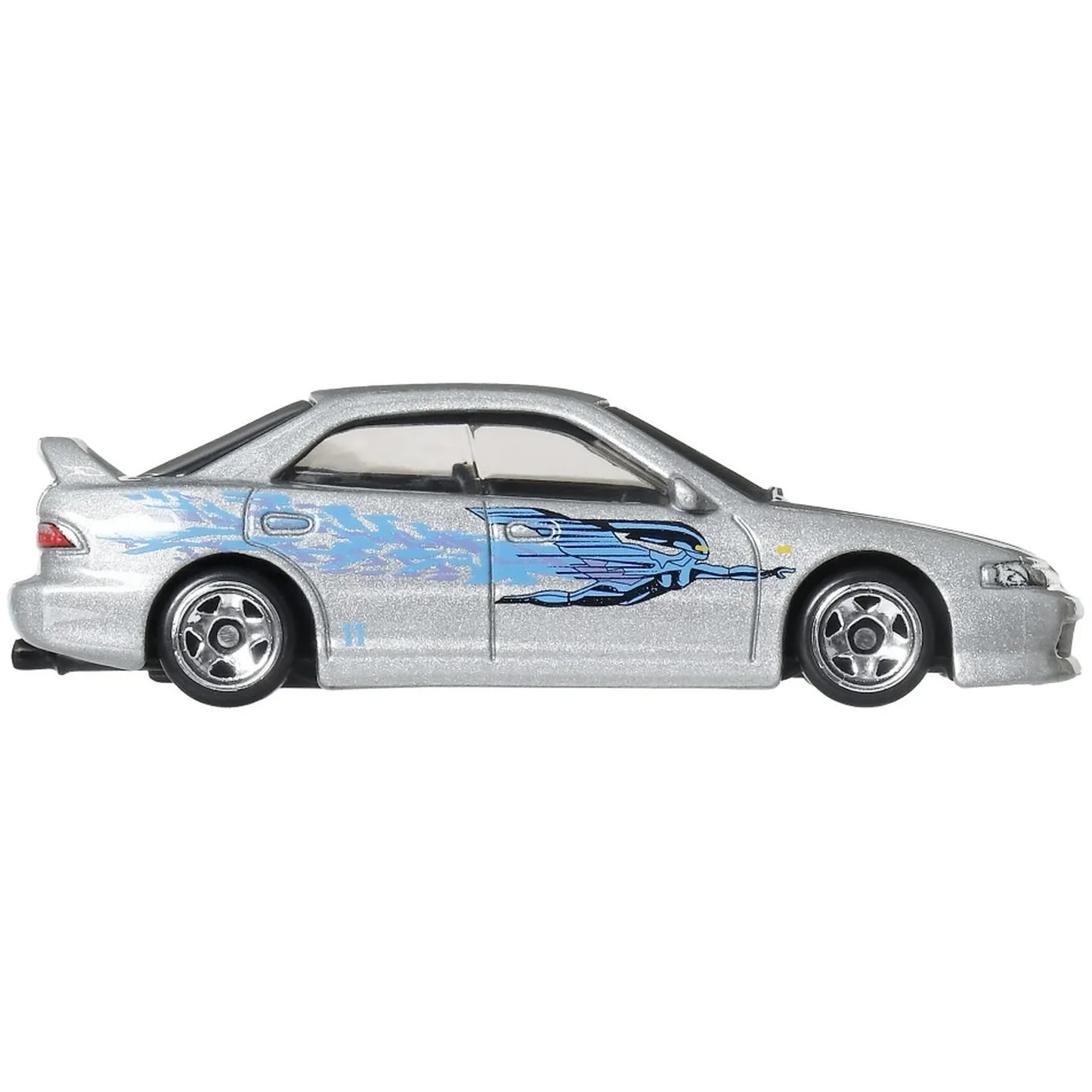 Hot Wheels Custom Acura Integra Sedan GSR (inspired by Mia Toretto) from The Fast and the Furious on Fast & Furious Graphic Remix Silver Series card, marked 5/5, blue 4-door Integra.