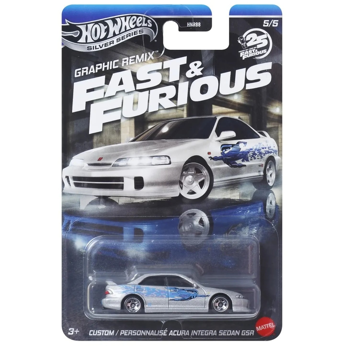 Hot Wheels Custom Acura Integra Sedan GSR (inspired by Mia Toretto) from The Fast and the Furious on Fast & Furious Graphic Remix Silver Series card, marked 5/5, blue 4-door Integra.