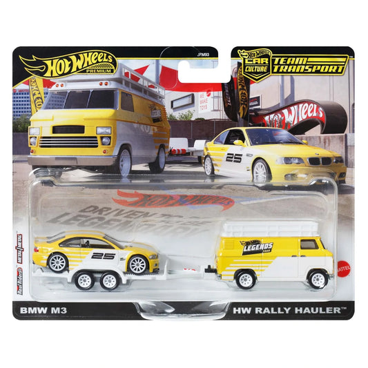 Hot Wheels Legends Tour 1:64 scale Team Transport 2-pack featuring BMW M3 E46 and Rally Hauler with premium detailing.