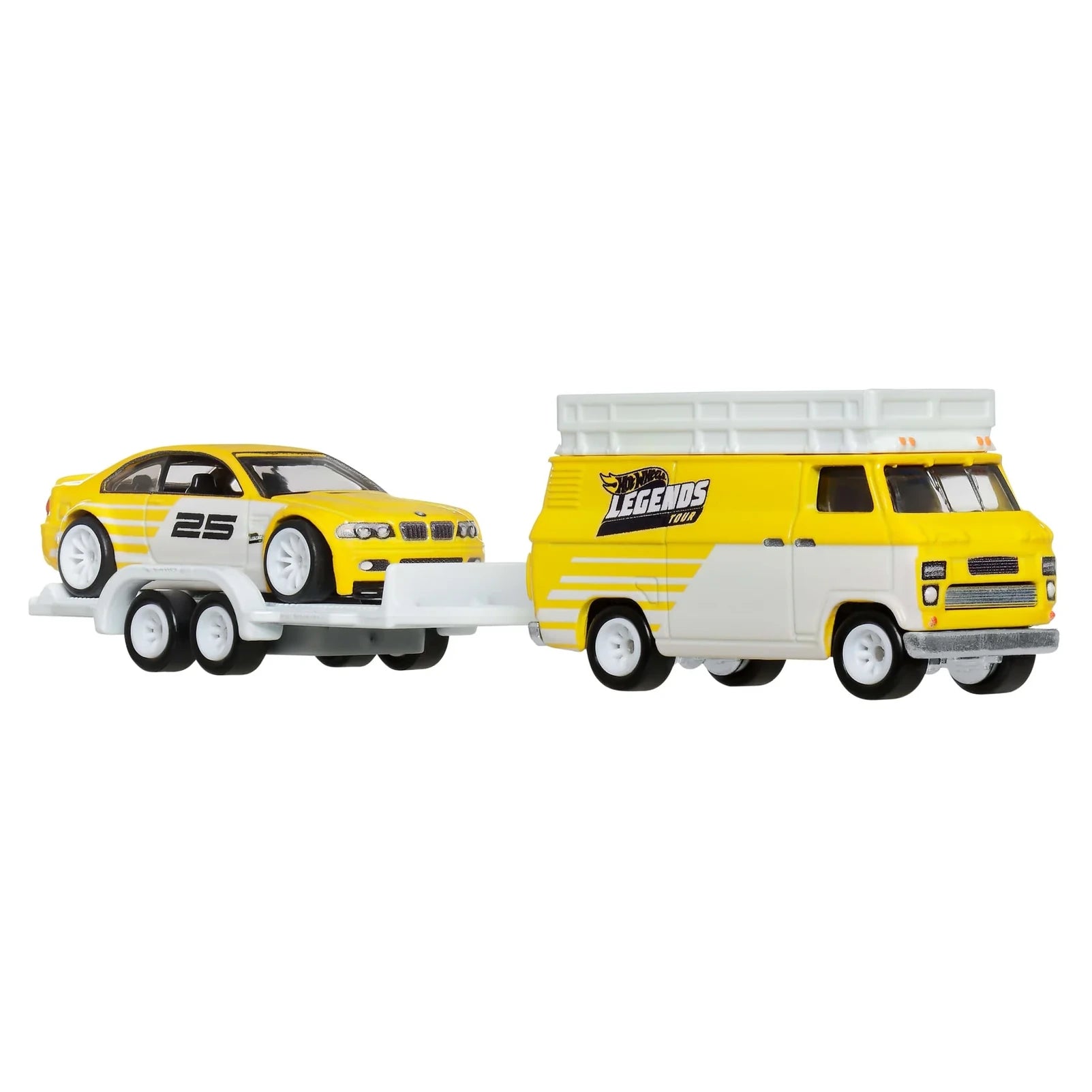Hot Wheels Legends Tour 1:64 scale Team Transport 2-pack featuring BMW M3 E46 and Rally Hauler with premium detailing.