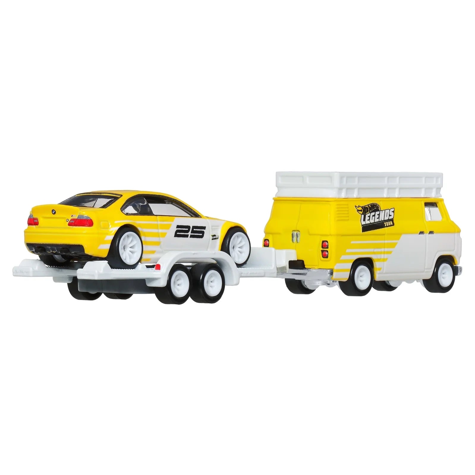 Hot Wheels Legends Tour 1:64 scale Team Transport 2-pack featuring BMW M3 E46 and Rally Hauler with premium detailing.