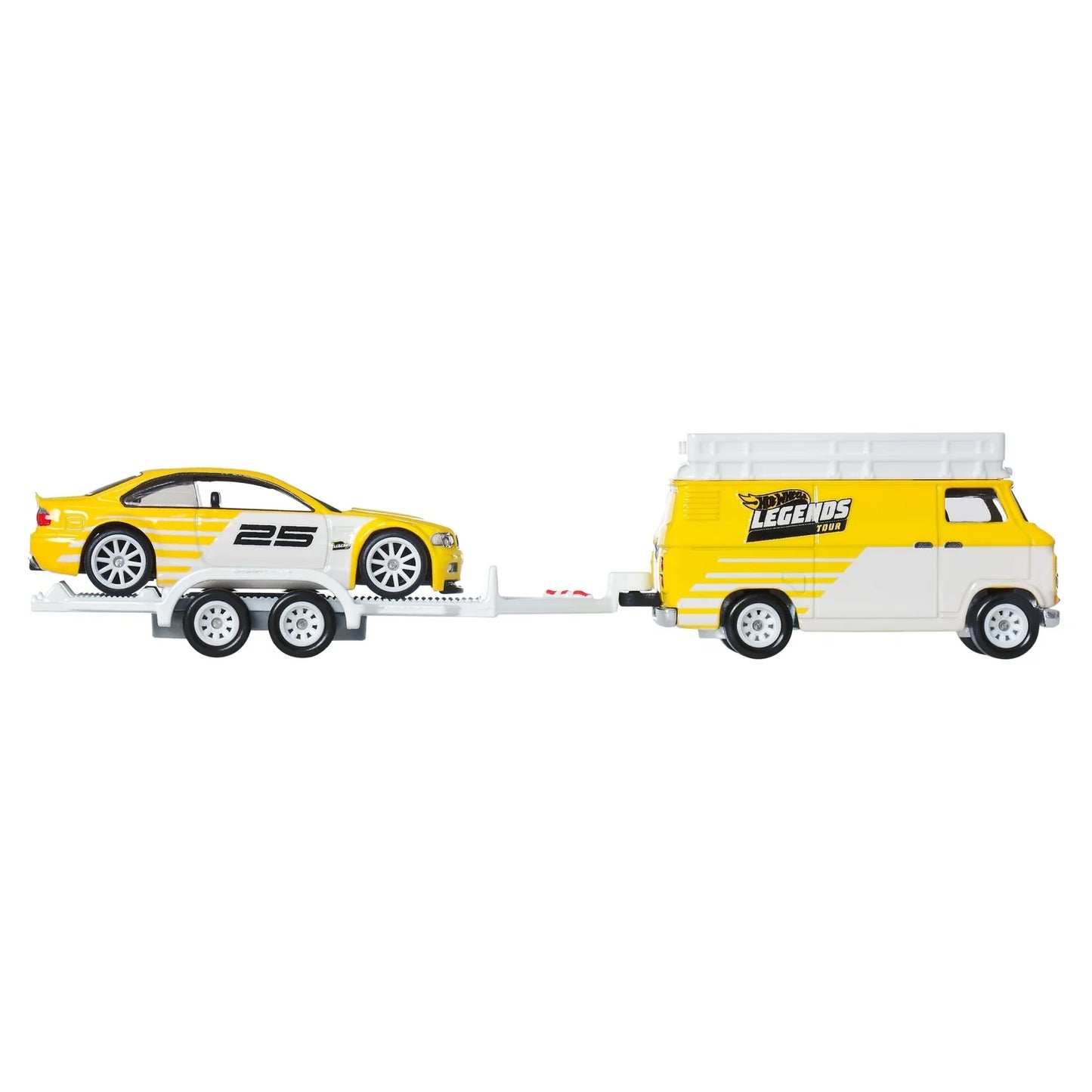 Hot Wheels Legends Tour 1:64 scale Team Transport 2-pack featuring BMW M3 E46 and Rally Hauler with premium detailing.