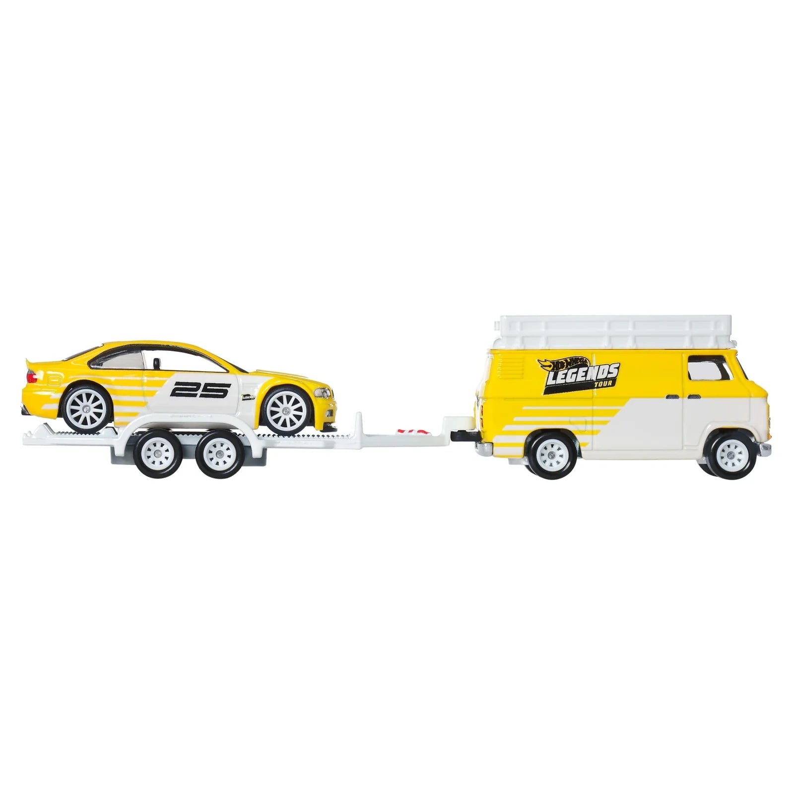 Hot Wheels Legends Tour 1:64 scale Team Transport 2-pack featuring BMW M3 E46 and Rally Hauler with premium detailing.