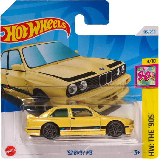 Hot Wheels 1:64 scale die-cast of the yellow '92 BMW M3 from HW: The '90s series with M stripe detailing.