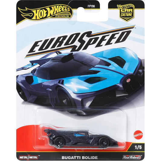 Hot Wheels 1:64 scale Bugatti Bolide in black and blue from the Car Culture Euro Speed series with Real Riders and Metal/Metal body.