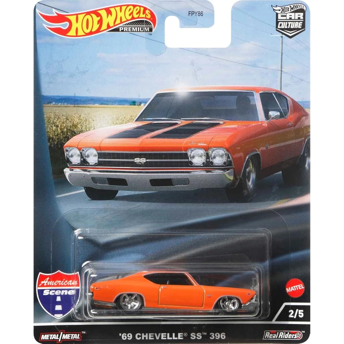 Hot Wheels 1:64 1969 Chevelle SS 396 American Scene Series die-cast model car with classic muscle car detailing.