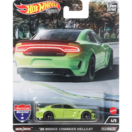 Hot Wheels 1:64 ’20 Dodge Charger Hellcat American Scene Series 4/5 die-cast model car with detailed muscle car styling.