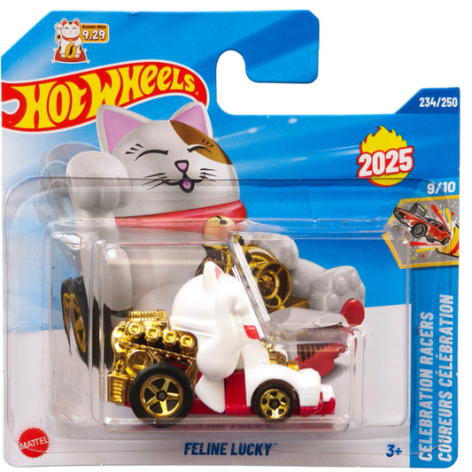 Hot Wheels 1:64 Feline Lucky die-cast car from the Celebration Racers series featuring a lucky cat design with gold accents.