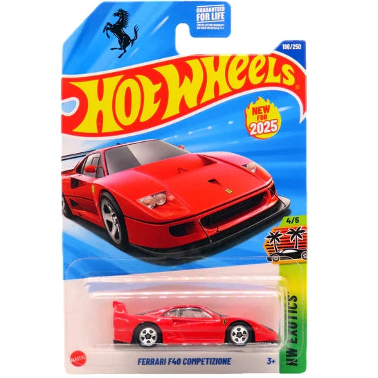 Hot Wheels 2025 Mainline Ferrari F40 Competizione die-cast car on long card packaging, red color, 187/250.