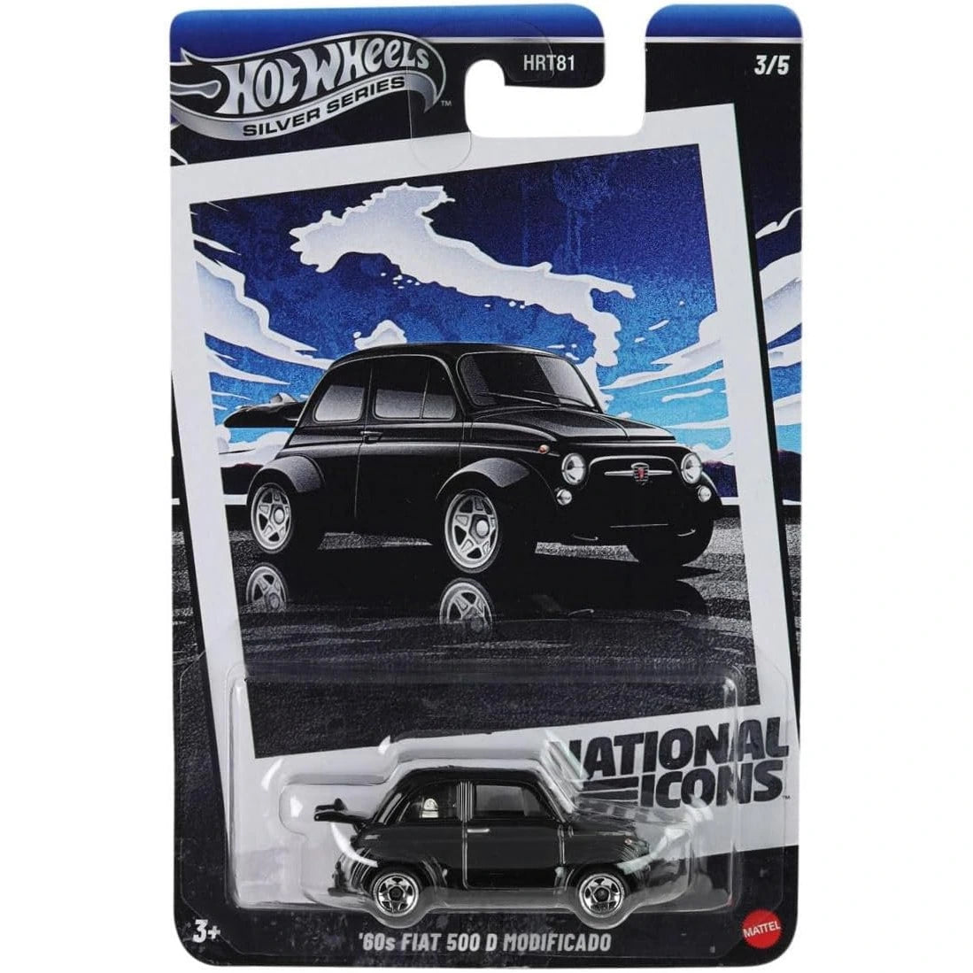 Hot Wheels National Icons series '60s Fiat 500D Modificado die-cast in black with custom detailing.