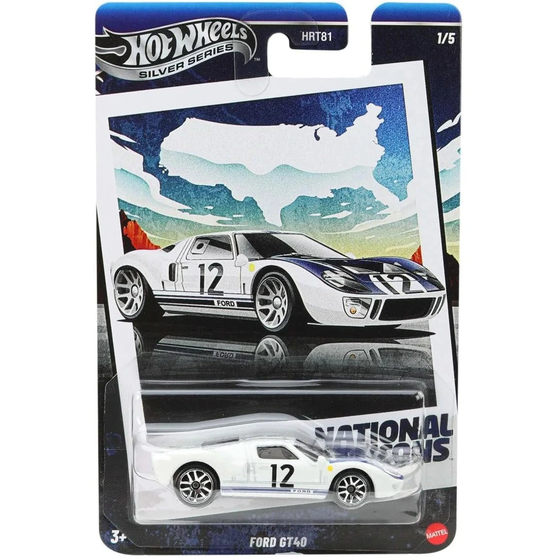 Hot Wheels National Icons Ford GT40 1:64 die‑cast model in white and blue with #12 racing graphics.