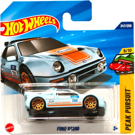 Hot Wheels 1:64 scale die-cast of the Ford RS200 in Gulf livery from the Peak Pursuit series.