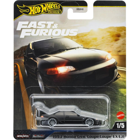 Hot Wheels 1:64 scale black 1993 Honda Civic Coupe EX EJ1 from the Fast & Furious premium series with Real Riders and Metal/Metal build.