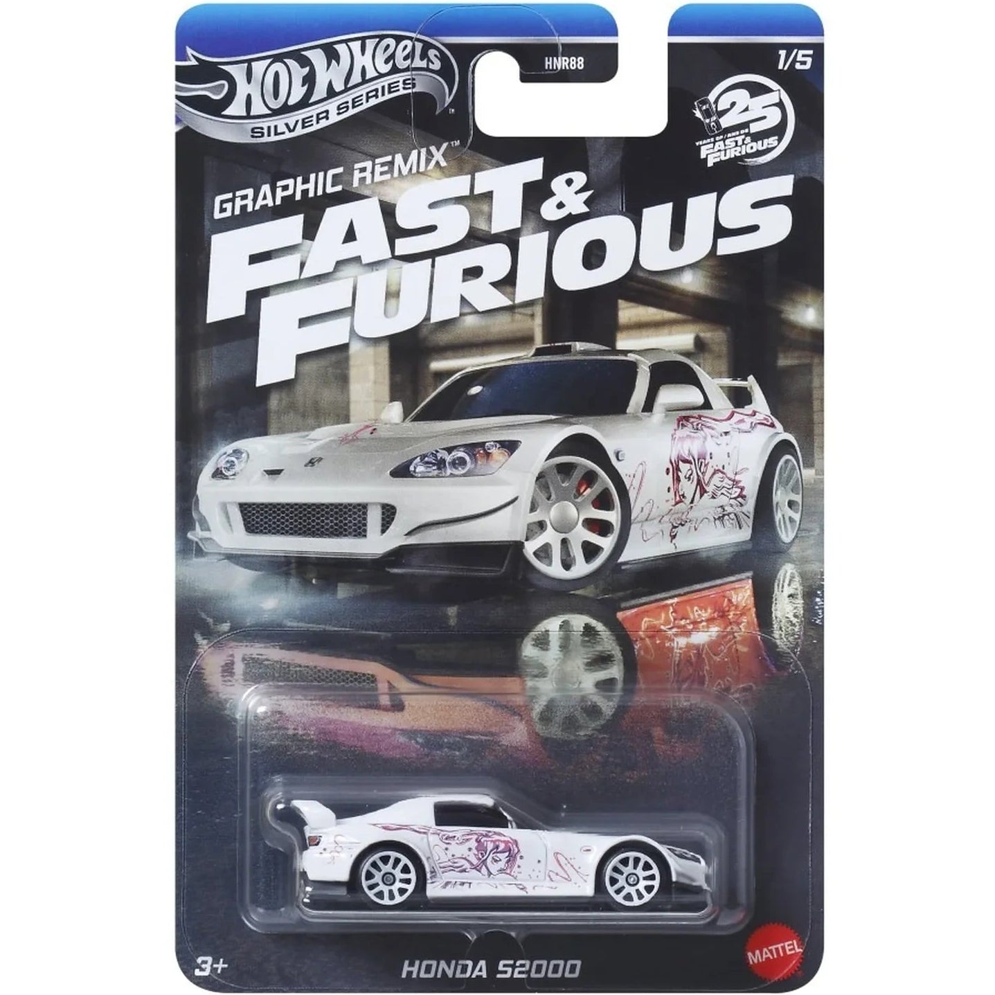 Hot Wheels Honda S2000 Fast & Furious Graphic Remix Silver Series Suki die-cast car on Silver Series card (1/5), white with graphic side artwork.