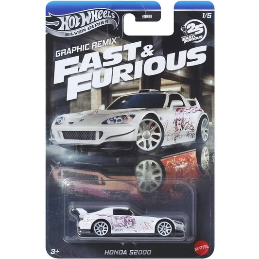 Hot Wheels Honda S2000 Fast & Furious Graphic Remix Silver Series Suki die-cast car on Silver Series card (1/5), white with graphic side artwork.