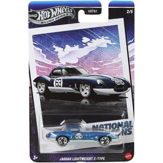 Hot Wheels National Icons series Jaguar Lightweight E-Type die-cast model in blue with number 63 livery.