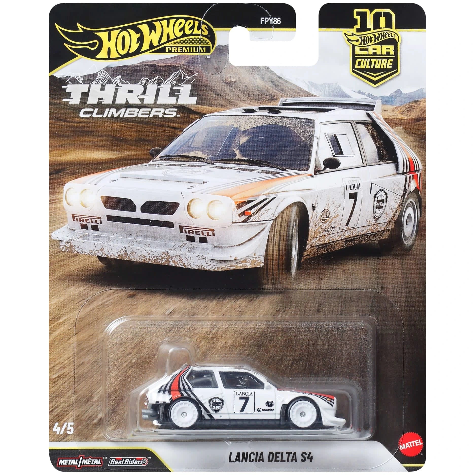 Hot Wheels 1:64 Lancia Delta S4 from Premium Car Culture Thrill Climbers with Real Riders wheels and Metal/Metal body and chassis.