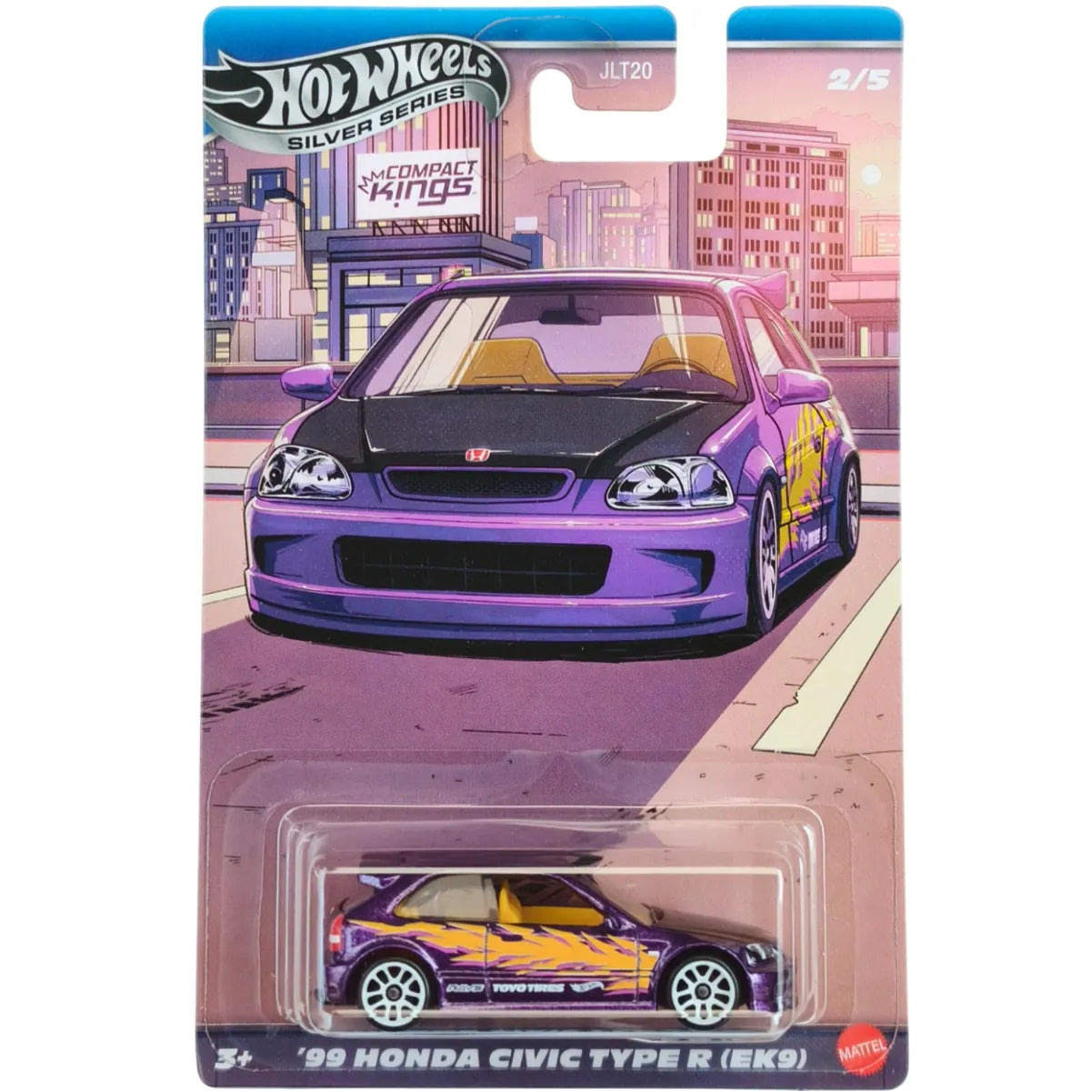 Hot Wheels Compact Kings Silver Series complete set of 5 die-cast cars featuring Ford Fiesta, Honda Civic EK9, Subaru WRX STI, Mazda MX-5 Miata, and Nissan Sentra SE-R.