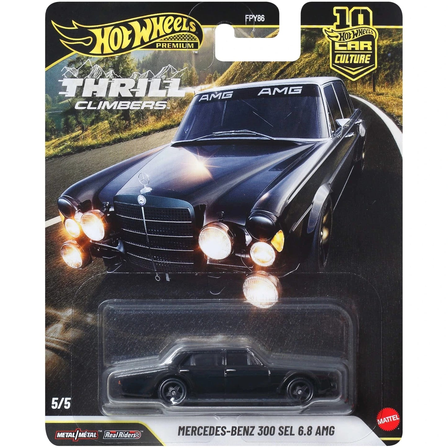 Hot Wheels 1:64 Mercedes-Benz 300 SEL 6.8 AMG from Premium Car Culture Thrill Climbers with Real Riders wheels and Metal/Metal body and chassis.