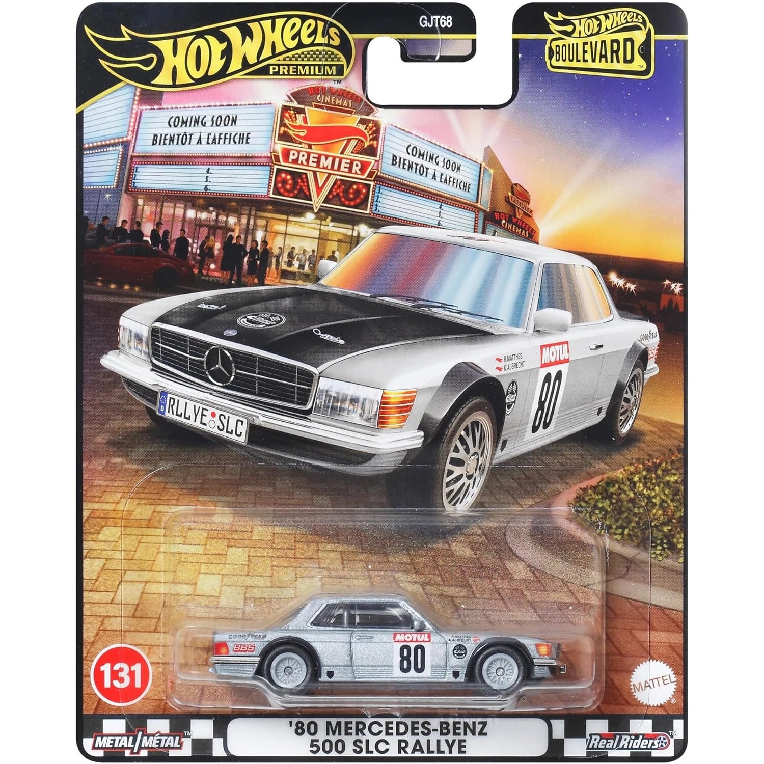 Hot Wheels 1:64 Mercedes-Benz 500 SLC Rally Boulevard HRT63 GJT68 die-cast model with Real Riders wheels.