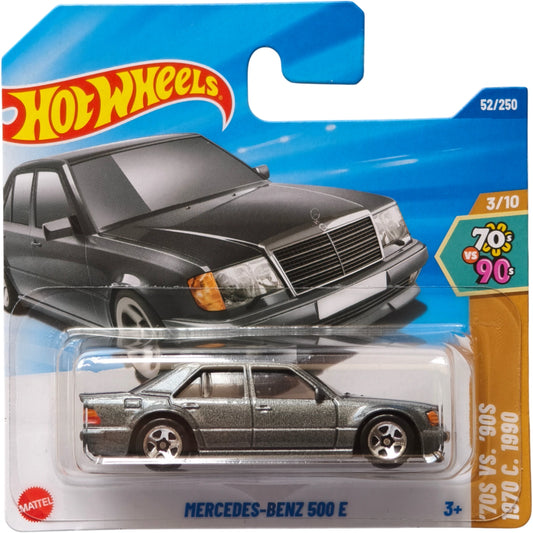 Hot Wheels 1:64 scale Mercedes-Benz 500 E die-cast model in gray from the 70s vs 90s series.
