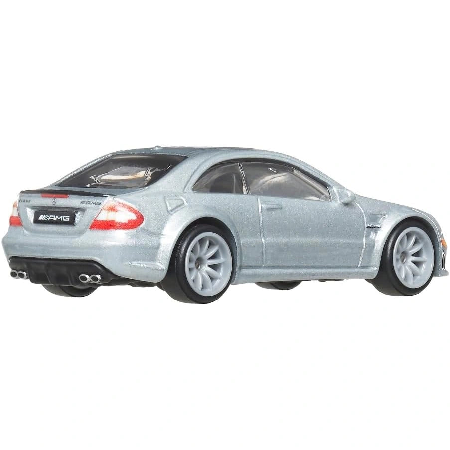 Hot Wheels Premium Boulevard 1:64 2008 Mercedes-Benz CLK 63 AMG Black Series carded die-cast model in silver with Real Riders and Metal/Metal badge.