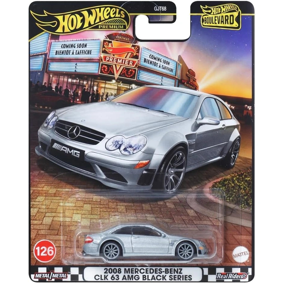 Hot Wheels Premium Boulevard 1:64 2008 Mercedes-Benz CLK 63 AMG Black Series carded die-cast model in silver with Real Riders and Metal/Metal badge.