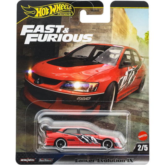 Hot Wheels 1:64 scale Mitsubishi Lancer Evolution IX in red from Fast & Furious: Tokyo Drift with Real Riders and Metal/Metal build.