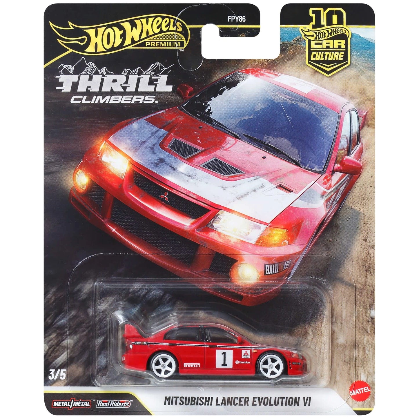 Hot Wheels 1:64 Mitsubishi Lancer Evolution VI from Premium Car Culture Thrill Climbers with Real Riders wheels and Metal/Metal body and chassis.