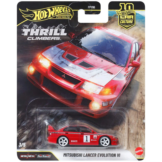 Hot Wheels 1:64 Mitsubishi Lancer Evolution VI from Premium Car Culture Thrill Climbers with Real Riders wheels and Metal/Metal body and chassis.