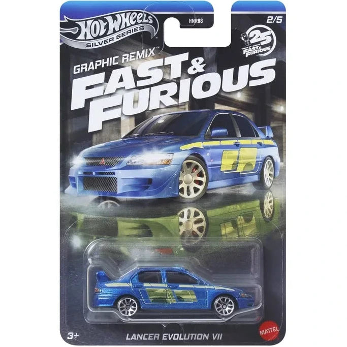 Hot Wheels 2002 Mitsubishi Lancer Evolution VII Brian O’Conner 2 Fast 2 Furious die-cast car on Fast & Furious Graphic Remix Silver Series card (2/5).
