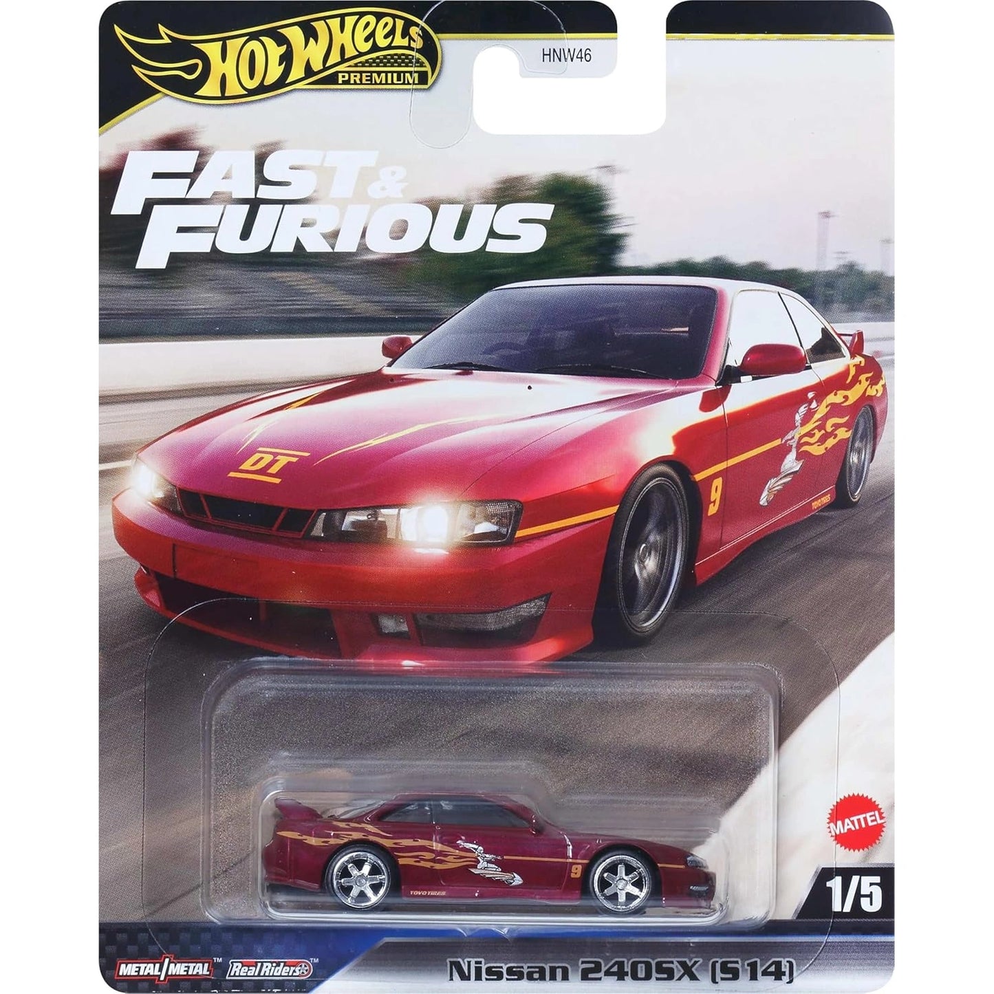 Hot Wheels 1:64 scale Fast & Furious Premium Nissan 240SX S14 die-cast model with Real Riders and Metal/Metal construction.