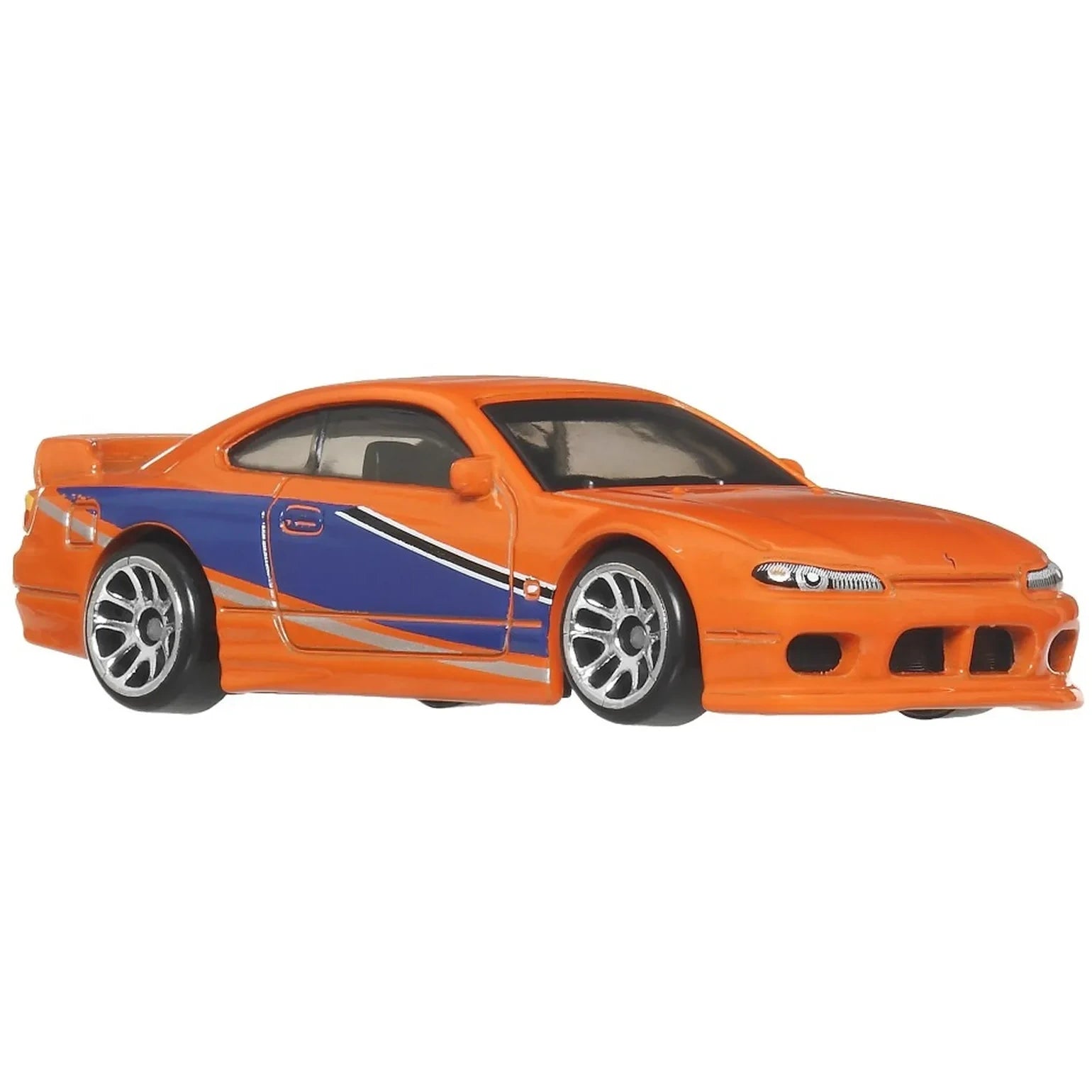 Hot Wheels 2001 Nissan Silvia (S15) Spec-S from Tokyo Drift on Fast & Furious Graphic Remix Silver Series card (4/5), blue with orange side stripe.