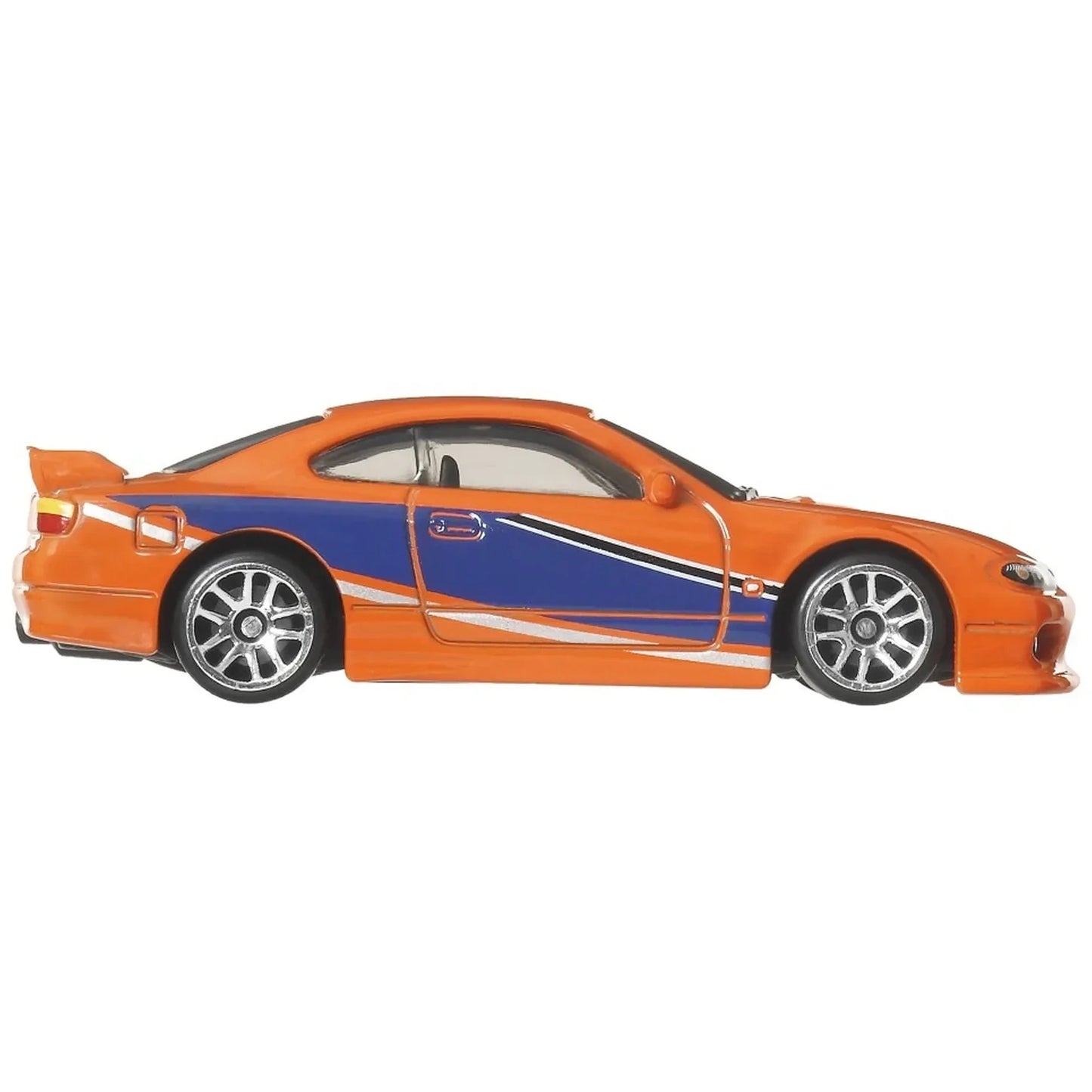 Hot Wheels 2001 Nissan Silvia (S15) Spec-S from Tokyo Drift on Fast & Furious Graphic Remix Silver Series card (4/5), blue with orange side stripe.