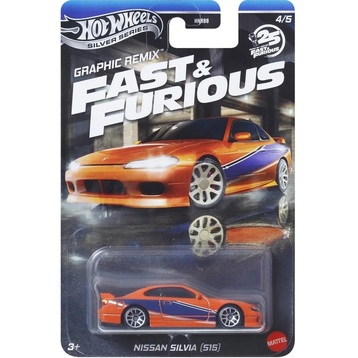 Hot Wheels 2001 Nissan Silvia (S15) Spec-S from Tokyo Drift on Fast & Furious Graphic Remix Silver Series card (4/5), blue with orange side stripe.