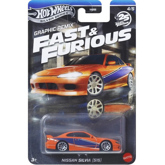 Hot Wheels 2001 Nissan Silvia (S15) Spec-S from Tokyo Drift on Fast & Furious Graphic Remix Silver Series card (4/5), blue with orange side stripe.