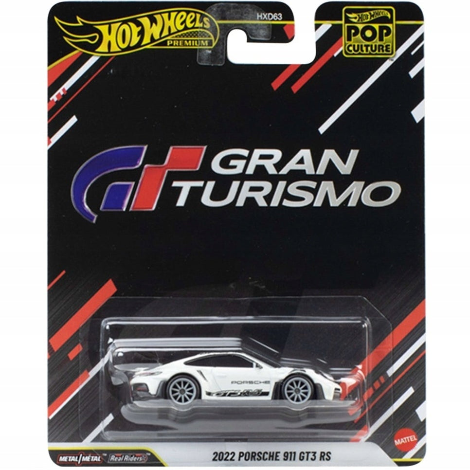 Hot Wheels Premium 2022 Porsche 911 GT3 RS Gran Turismo Pop Culture die-cast with Real Riders and Metal/Metal construction.