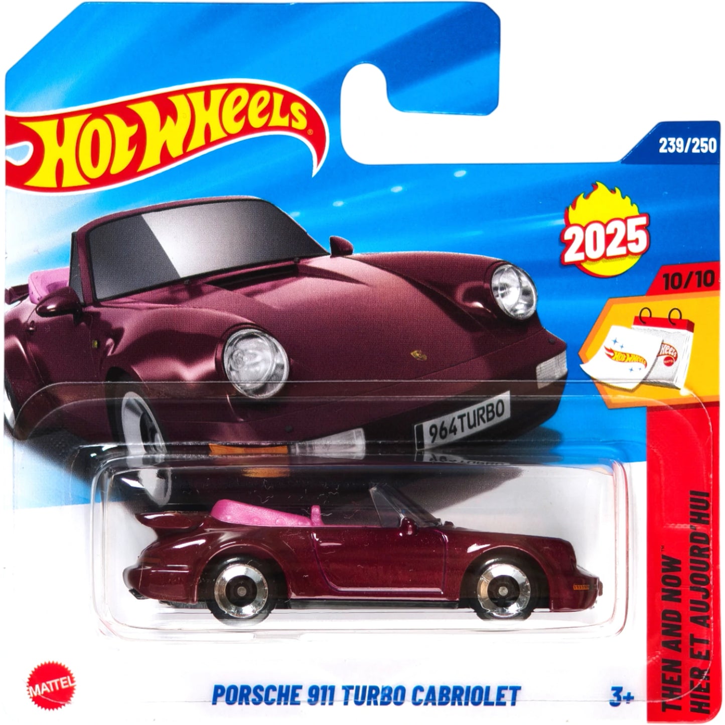 Hot Wheels 1:64 scale Porsche 911 Turbo Cabriolet in burgundy from the Then and Now 2025 series.