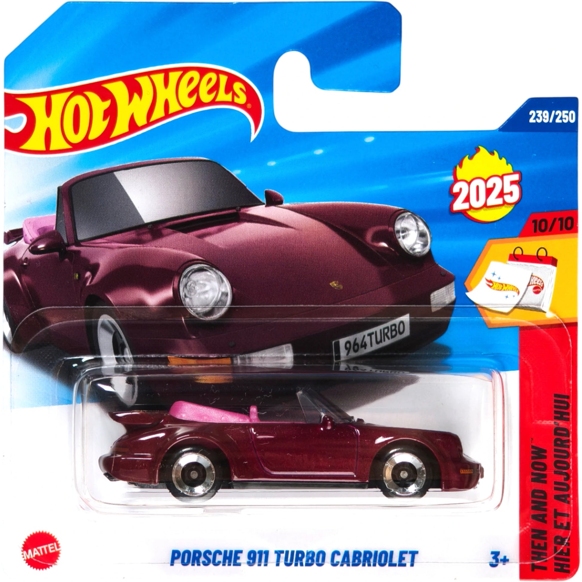 Hot Wheels 1:64 scale Porsche 911 Turbo Cabriolet in burgundy from the Then and Now 2025 series.