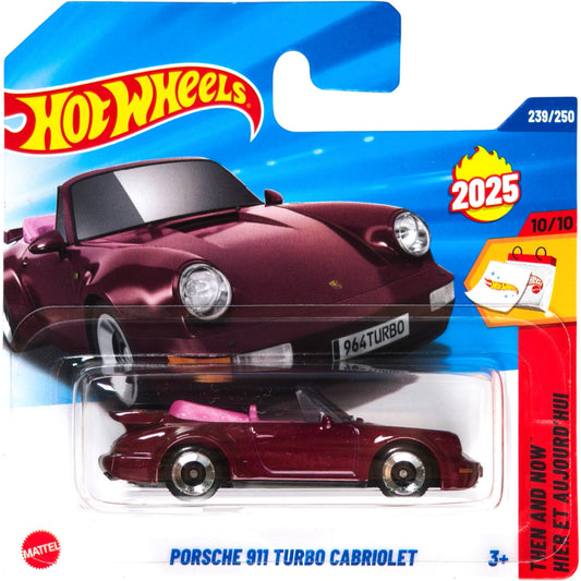 Hot Wheels 1:64 scale Porsche 911 Turbo Cabriolet in burgundy from the Then and Now 2025 series.