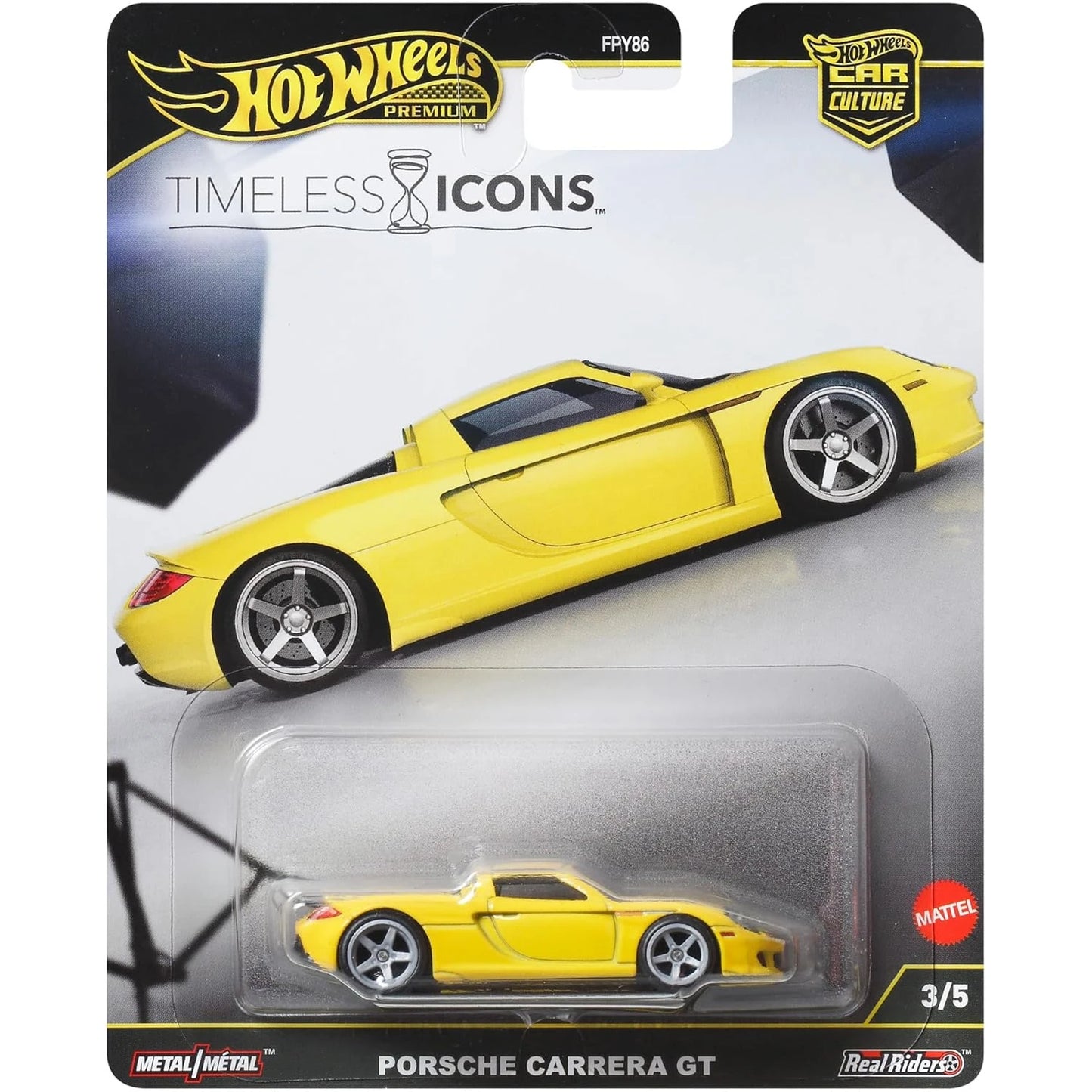 Hot Wheels 1:64 Porsche Carrera GT yellow Car Culture Timeless Icons die-cast model with Real Riders wheels.