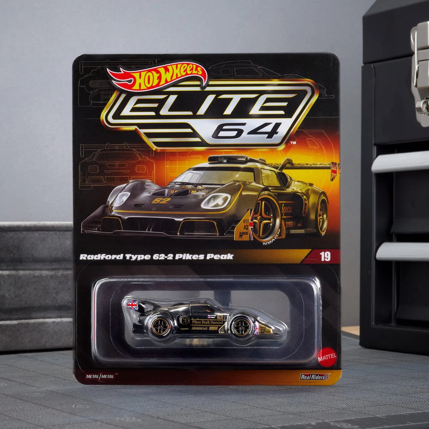 Hot Wheels Elite 64 Radford Type 62-2 Pikes Peak die-cast model with Real Riders wheels and black ZAMAC body.