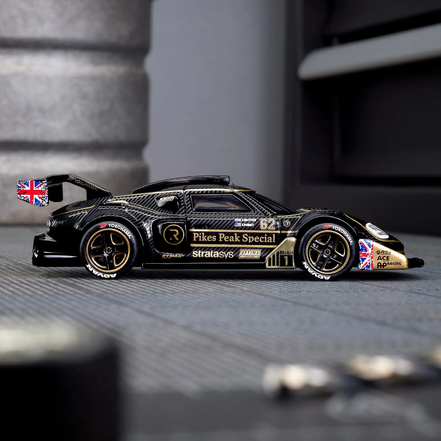 Hot Wheels Elite 64 Radford Type 62-2 Pikes Peak die-cast model with Real Riders wheels and black ZAMAC body.