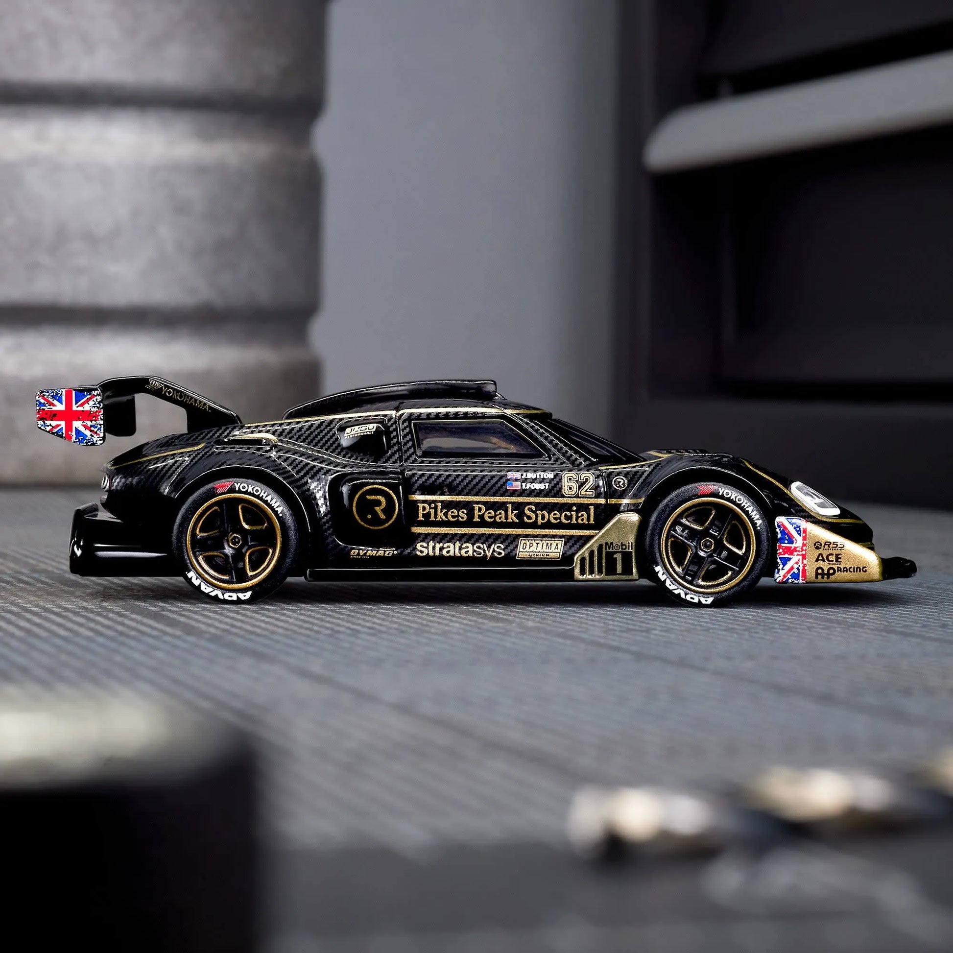 Hot Wheels Elite 64 Radford Type 62-2 Pikes Peak die-cast model with Real Riders wheels and black ZAMAC body.
