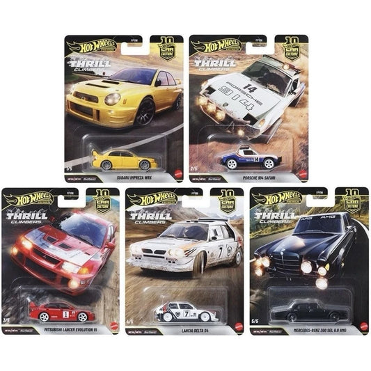 Hot Wheels 1:64 Thrill Climbers 5-Car Set Car Culture FPY86 961Q featuring Subaru Impreza WRX, Porsche 914 Safari, Mitsubishi Lancer Evolution VI, Lancia Delta S4, and Mercedes-Benz 300 SEL 6.8 AMG.