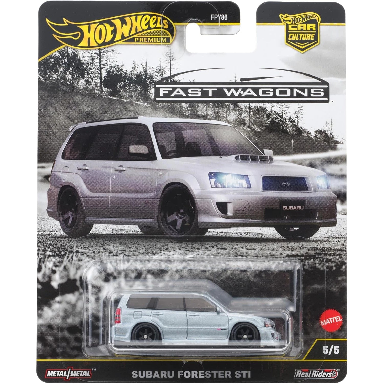 Hot Wheels 1:64 Subaru Forester STI Fast Wagons JBK87 FPY86 die-cast model with Real Riders wheels.