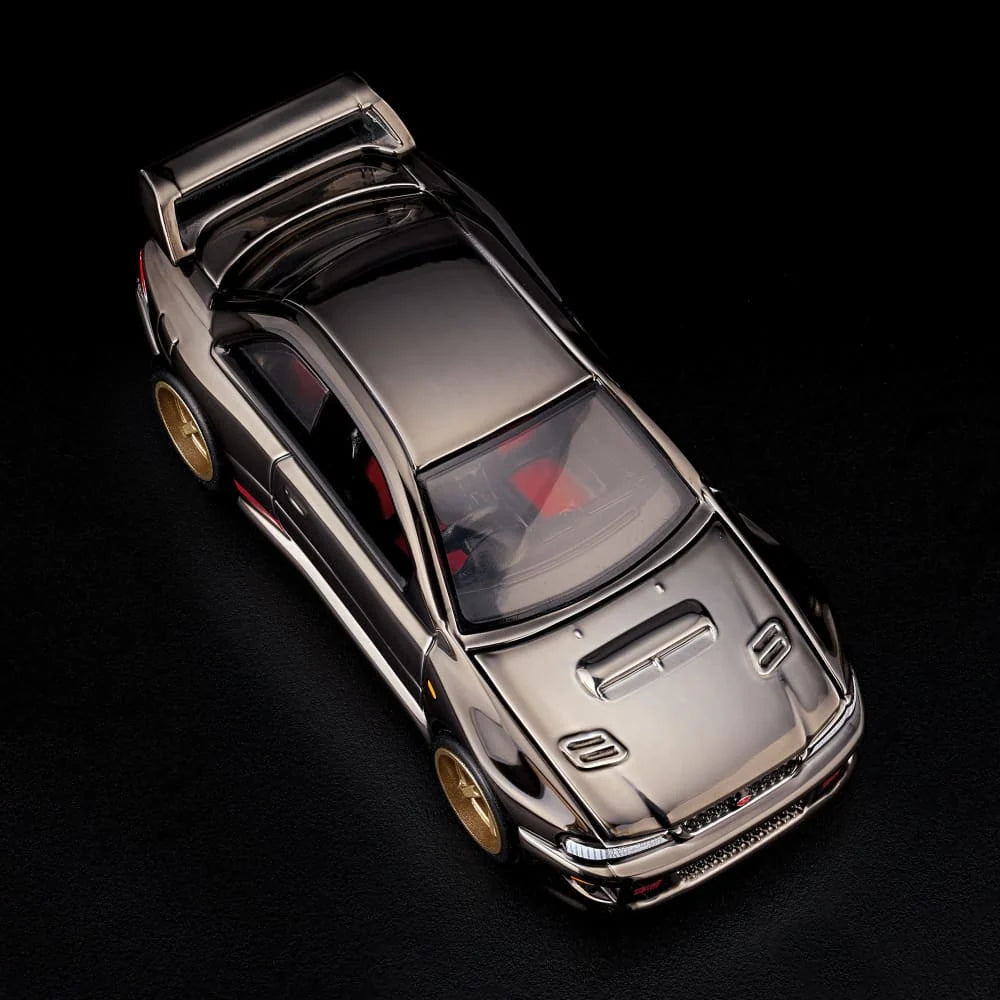 Hot Wheels RLC Exclusive 1998 Subaru Impreza WRX STi 1:64 JJY62 in Spectraflame Slate with pink STi stripes and bronze Real Riders wheels