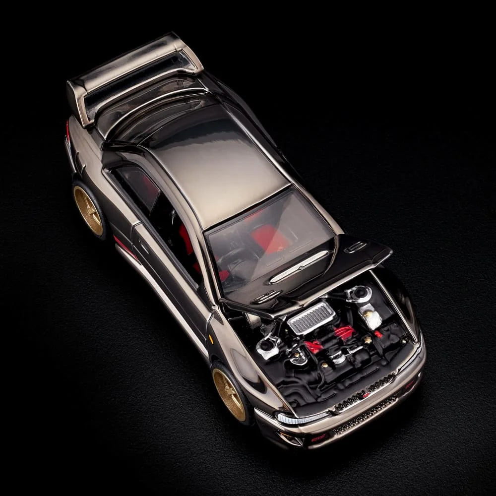 Hot Wheels RLC Exclusive 1998 Subaru Impreza WRX STi 1:64 JJY62 in Spectraflame Slate with pink STi stripes and bronze Real Riders wheels